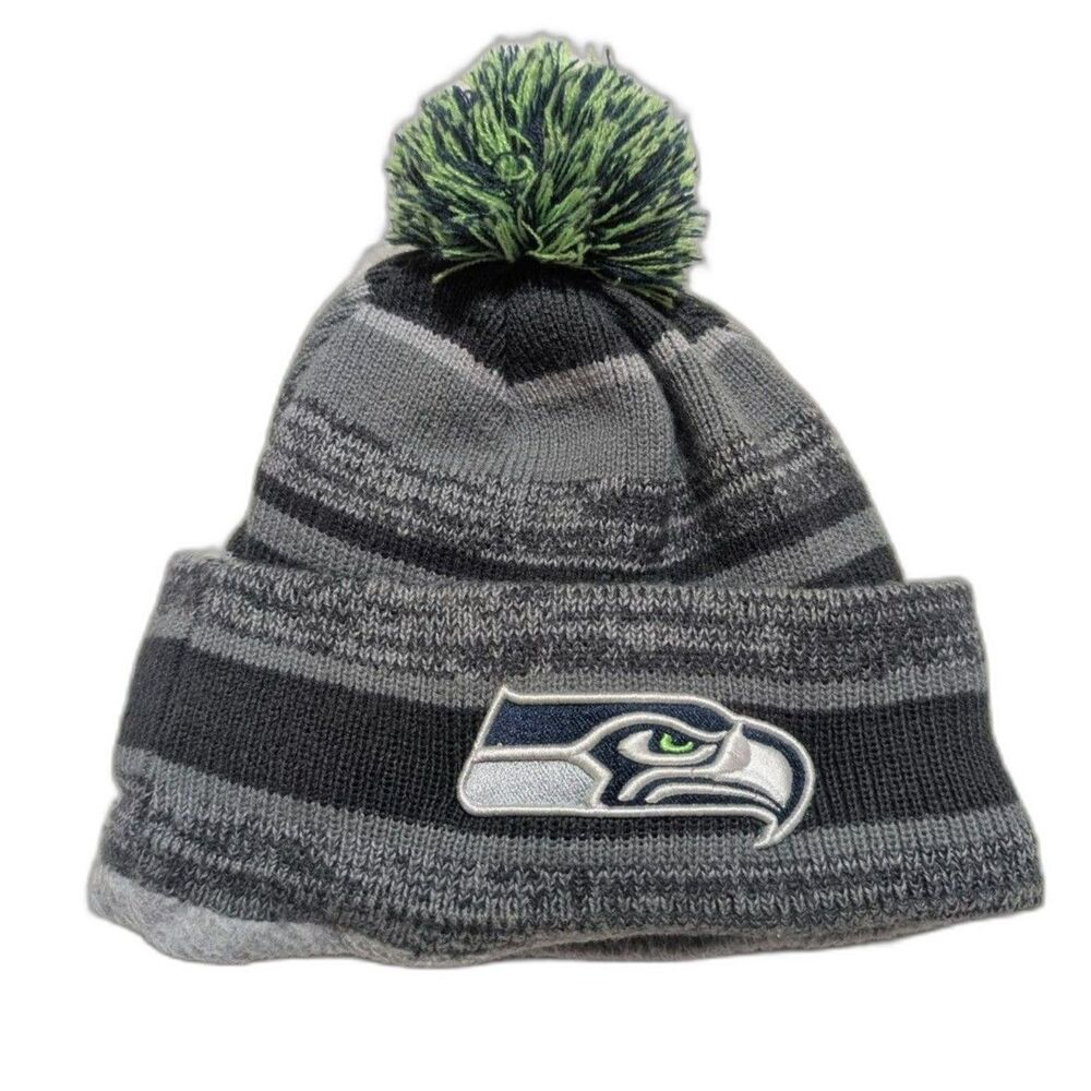 New Era Seattle Seahawks Beanie NFL Pom Knit Hat Fleece Lined OSFM Gray Green